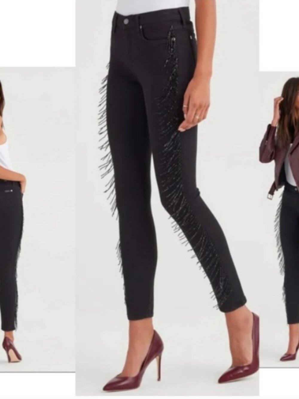 7 For All Mankind Beaded Fringe Skinny Crop Ankle Jeans in Black Fringe - NWT